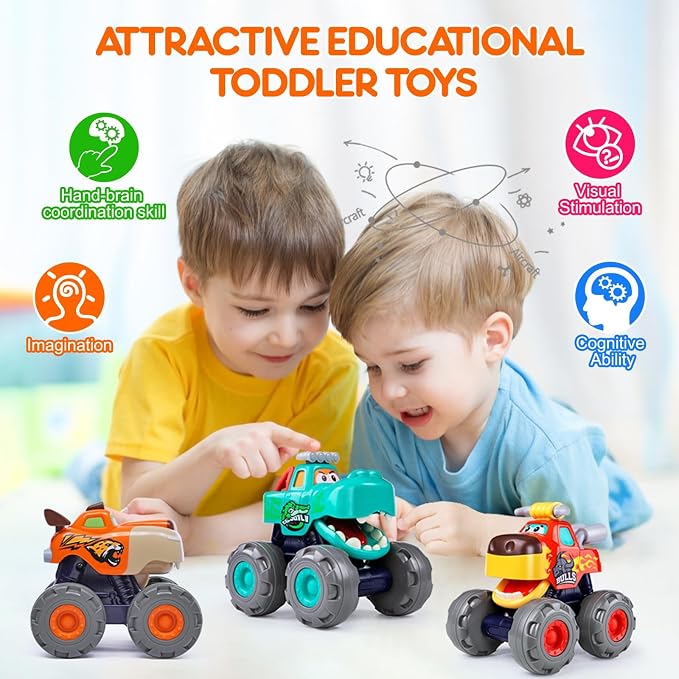 Toy Cars for 1-3 Year Old, 3PCS Animal Monster Truck, 1 Year Old Boy Gifts | Baby Toys 12-18 Months, Animal Kids Toy, Christmas & Birthday Gifts, Pull Back Car with Big Wheel, Crocodile Bull Leopard