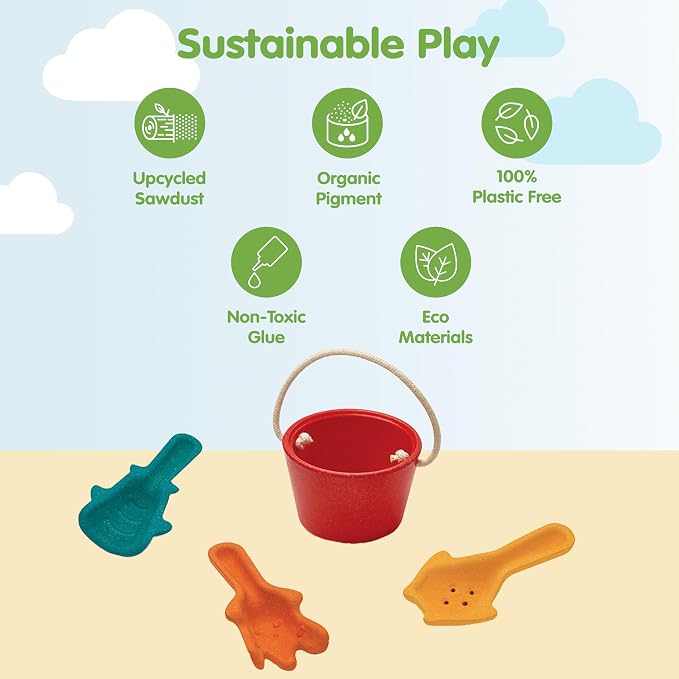 PlanToys® Sand Play Set Wooden Montessori Outdoor Sensory and Fine Motor Toy | Creative, Tactile and Imaginative Beach Learning Activity | Eco Friendly Sand Tools for Open Ended Play