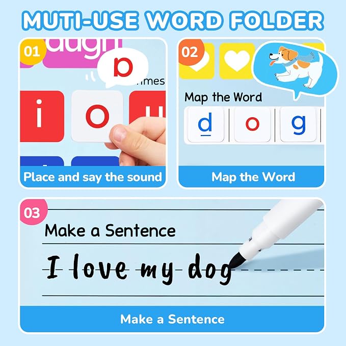 JoyCat 265 Phonics Magnetic Letter Tiles, ABC Word Building Kit with Folder | 265 phonics letter tiles with word-building folder help kids for preschool classrooms and homeschool learning.
