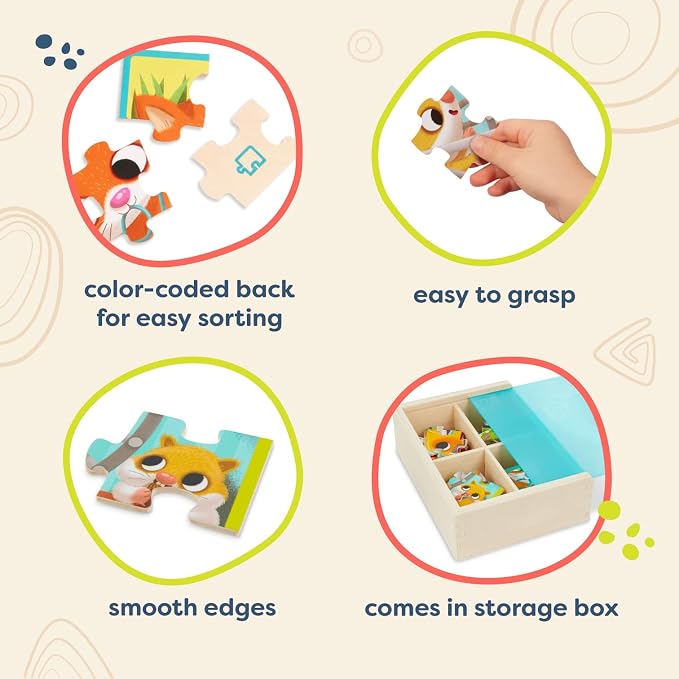 B. toys Wooden Puzzle Set, 4 Animal Puzzles with Wooden Box, Pets | Pack o' Puzzles - Pets includes 4 wooden 12-piece puzzles with cat, dog, bird, and hamster; color-coded backs; 3+ Years