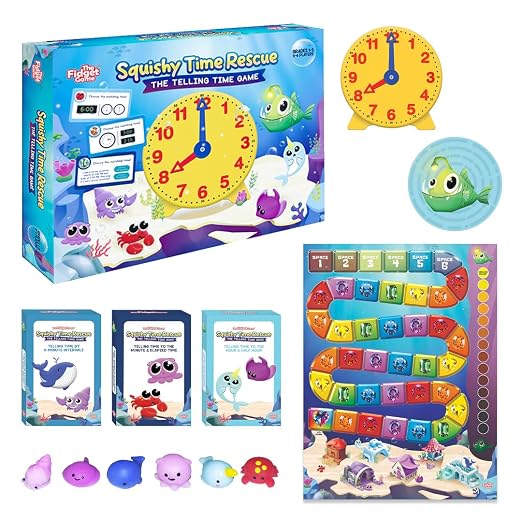 The Fidget Game Squishy Time Rescue - Telling Time Game for Kids Ages 6-11 | Grades 1-5 Multisensory Hands-On Learning Board Game with Manipulatives, Classroom Must Have
