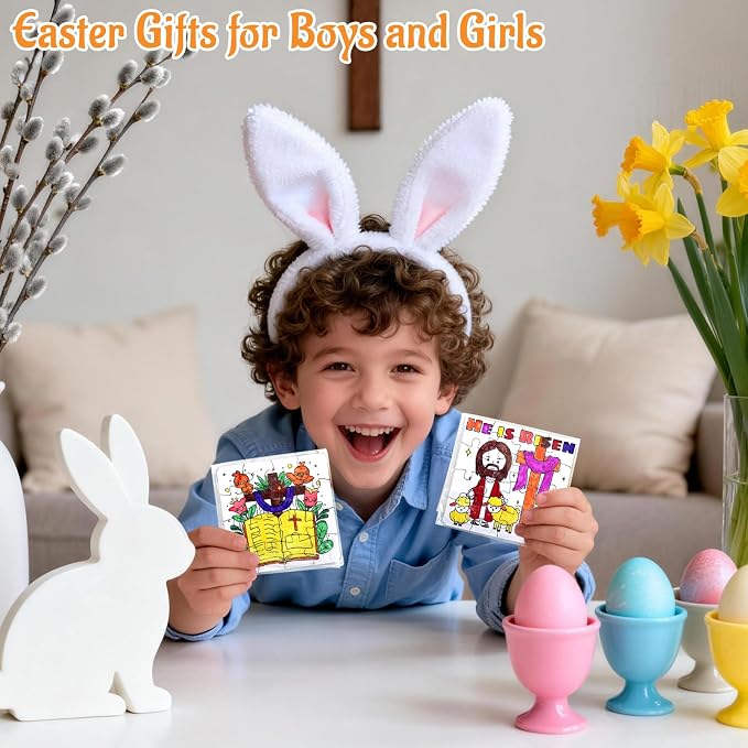 24Pcs Christian Easter Crafts for Kids Ages 4-8, Religious Easter Puzzle Jesus He Is Risen, Bible Jigsaw Arts Gifts for Classroom DIY Activity, Basket Stuffers, Spring Party Favors, Coloring Game Bulk