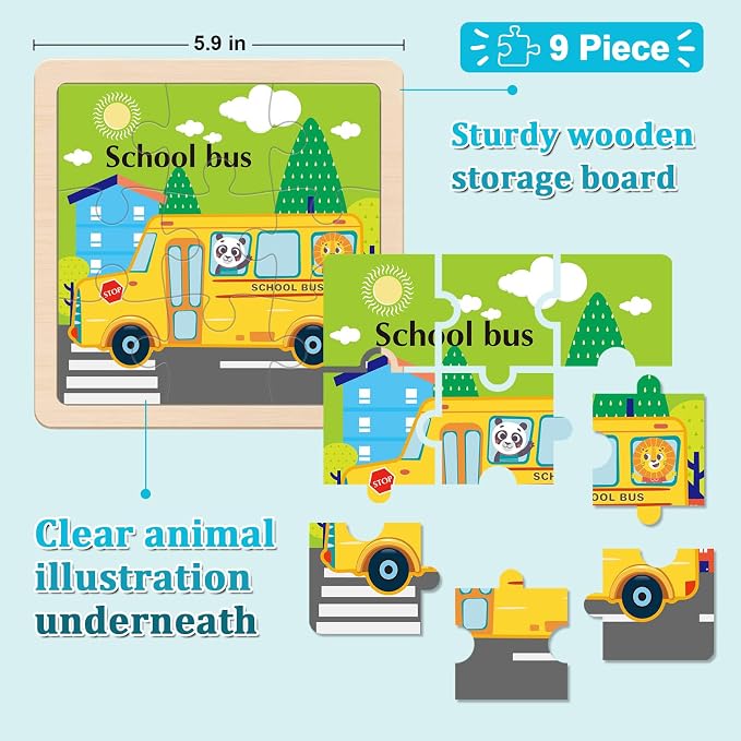 Wooden Puzzles for Toddlers 3+, 9 Pieces Vehicle Jigsaw Puzzles for Kids Ages 3-5, Toddler Toys for Preschool Learning Activities, Learning & Educational Toys, Gifts for Boys, Girls