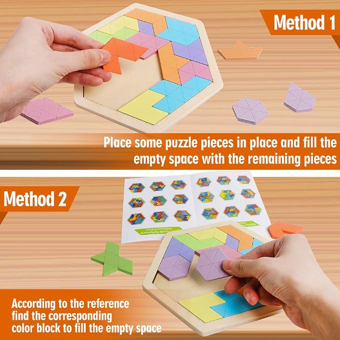 Wooden Hexagon Tangram Puzzle, STEM Educational Brain Teaser for All Ages | Montessori Educational Toy, Geometric Shape Blocks, Logic IQ Game, Ideal Gift for Kids Teens Adults