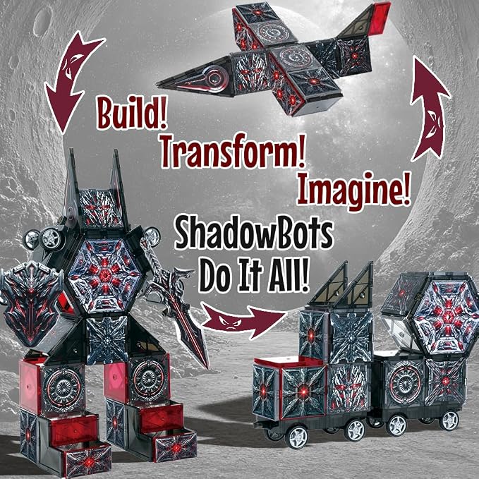 Little Pi Transformer Toys ShadowBots Magnetic Tiles,Transforming Robot Toy | Durable ABS plastic, STEM engineering, sword & shield, screen-free kids gift ages 3 4 5 6, builds vehicles bases towers scene