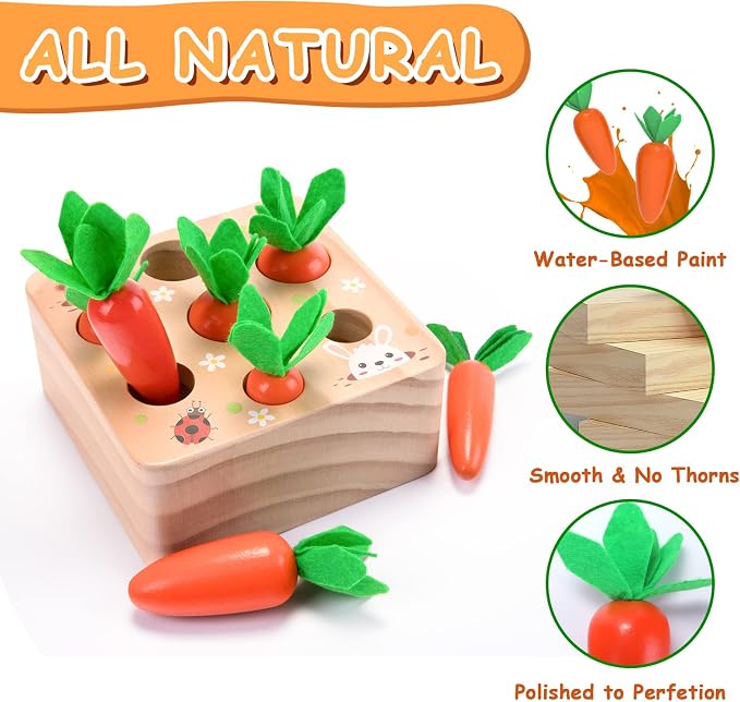 Wooden Montessori Toys for 1 Year Old, Carrots Harvest Shape Sorting Toy | Educational shape sorting matching wooden toys for fine motor skills, Great birthday & Easter gift for 1+ year olds