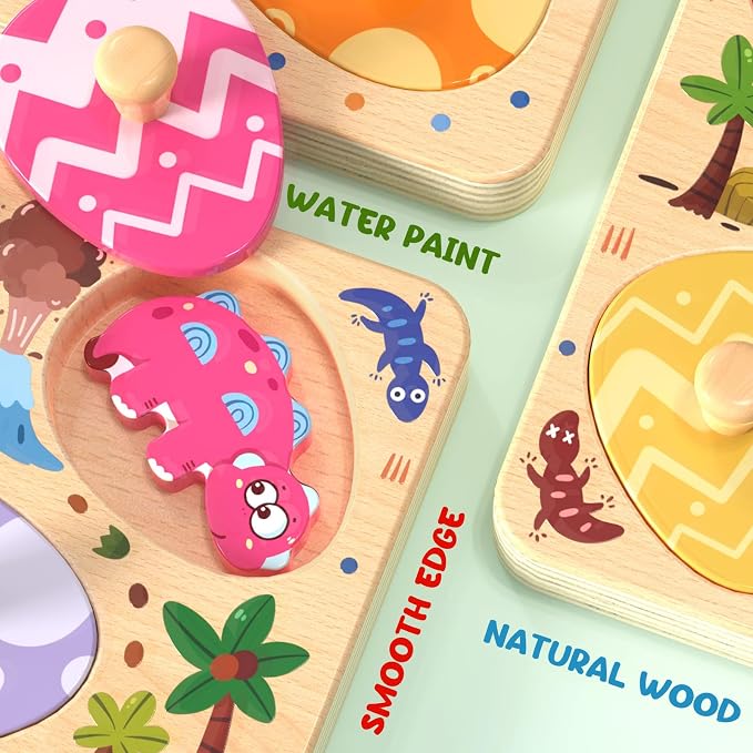 Zeoddler Wooden Puzzles for Toddlers, 8 Pcs Dinosaur Matching Egg Puzzle, Montessori Toys for Boy Girl Easter Birthday Gifts, Preschool Learning Activities & Educational Toys for Boys, Girls