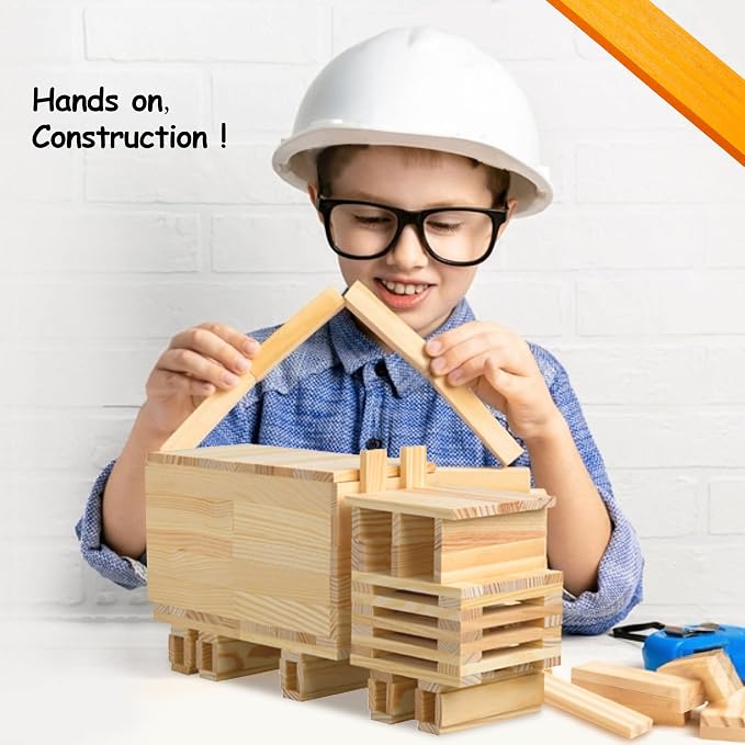 100pcs Classic Wooden Building Blocks Set,Solid STEM Building Toys for Kids, Preschool Learning Montessori Toys for Toddlers, Boys & Girls Birthday Gift (Log Color)