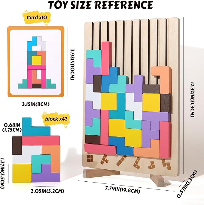 Wooden Colored 3D Russian Block Puzzle Jigsaw Stacking Montessori Toys Educational Gift for Boys and Girls Board Game for Toddlers Brain Blocks Teasers for Toddlers 3-6 Years
