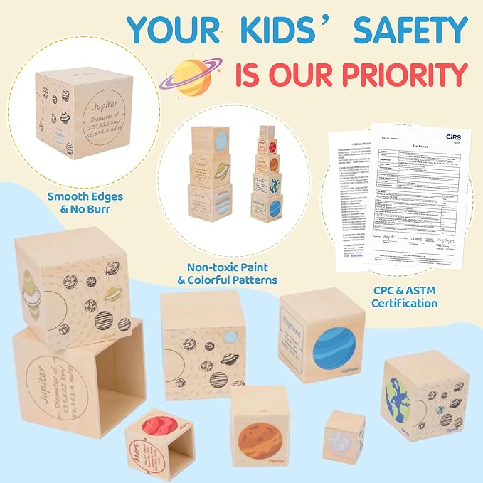 Wooden Solar System Nesting & Stacking Blocks, Planets Toy for Kids 3-5 | Montessori Space Toy,Sorting & Stacking Boxes,Preschool Educational Science Toy for Toddlers Boys & Girls (8 Planets)
