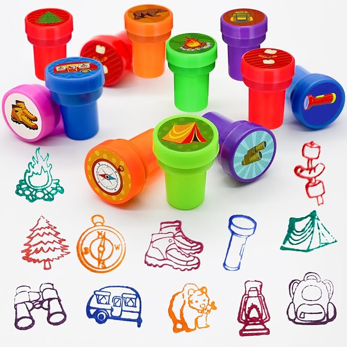 Cinrobiye 24 Pcs Camper Stampers Party Favor Set, Cute Camping Adventure Stamps for Kids Birthday Party, Classroom Rewards, Goody Bag Fillers, Outdoor Camping Themed Party Supplies