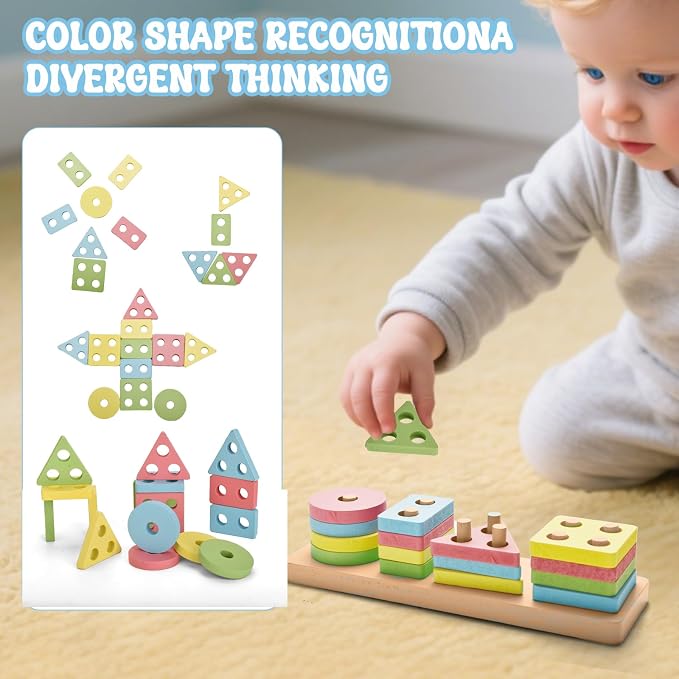 Montessori Toys 3 in 1 Wooden Learning Fine Motor Skills Toys Rainbow Color Sorting Toy for Toddlers - Preschool Color Matching, Educational Color Recognition ShapeSorter Boys Girls Gifts