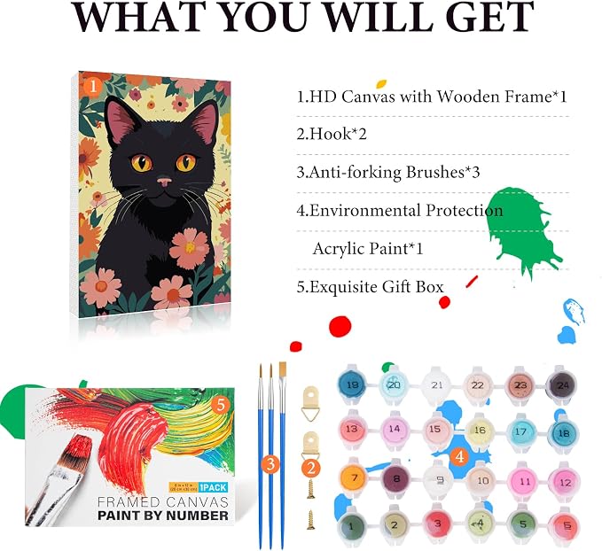 Fountor Framed Paint by Numbers Kit for Adults Beginner 8x12 in, Black Cat | For Adults & Kids Ages 8-12, DIY Acrylic Painting, Cat Lovers Paint by Number with frame, Stress Relief Home Wall Decor Gifts