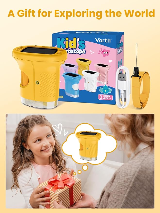 Microscope for Kids, 2.4 Inch Digital Microscope with 1000X Magnification, Handheld Camera Mini Pocket Magnifying Glass, Educational Birthday Gifts Toys for Ages 3+, Yellow