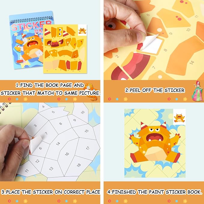 4 PCS Sticker by Number Sticker Paint Books for Kids Boys Girls Ages 4-8 Ocean Vehicles Desserts Monster Stickers Party Favors Road Plane Travel Activity Book Toy Gifts