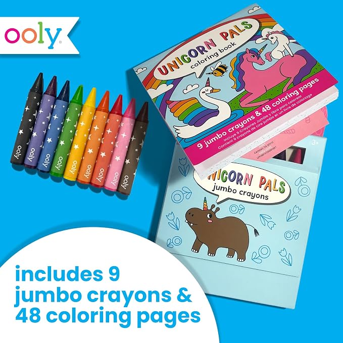 Ooly Kids Coloring Book 9 Jumbo Crayon Kit - Unicorn Pals | Ages 3+, Easy Grip, Handle Carry, Great for Car and Airplane Travel, Fun Gift