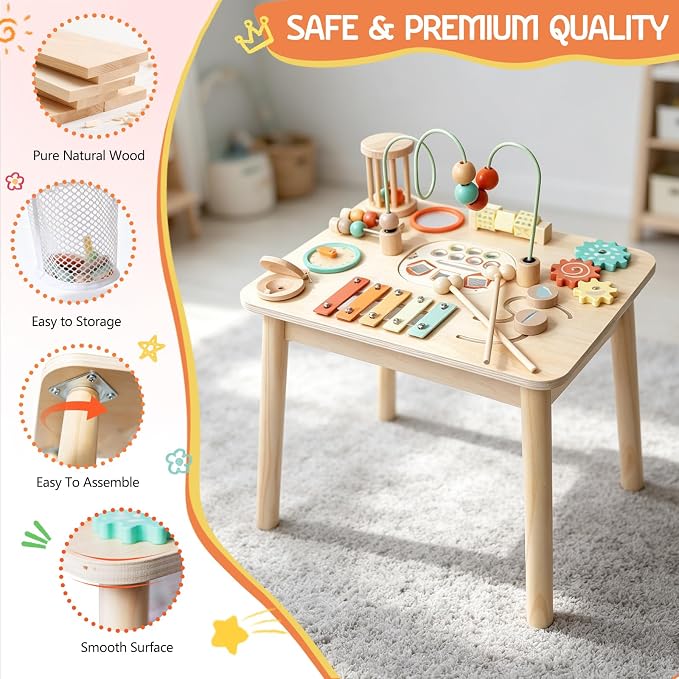 Montessori Toys for 1 Year Old, Wooden Activity Table for Toddlers 1-3, 13-in-1 Sensory Play Table with Bead Maze, Fishing Game, Shape Sorter & Xylophone, Learning Toy, First Birthday Gift