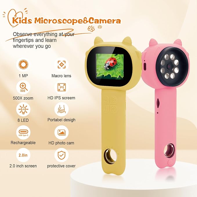 Microscope for Kids - 2.4" Screen Mini Pocket Handheld Microscope with for Toddlers-STEM Educational Science Kit Toys for Christmas Birthday Gifts Toys for Boys Girls Aged 3-12 (Yellow)
