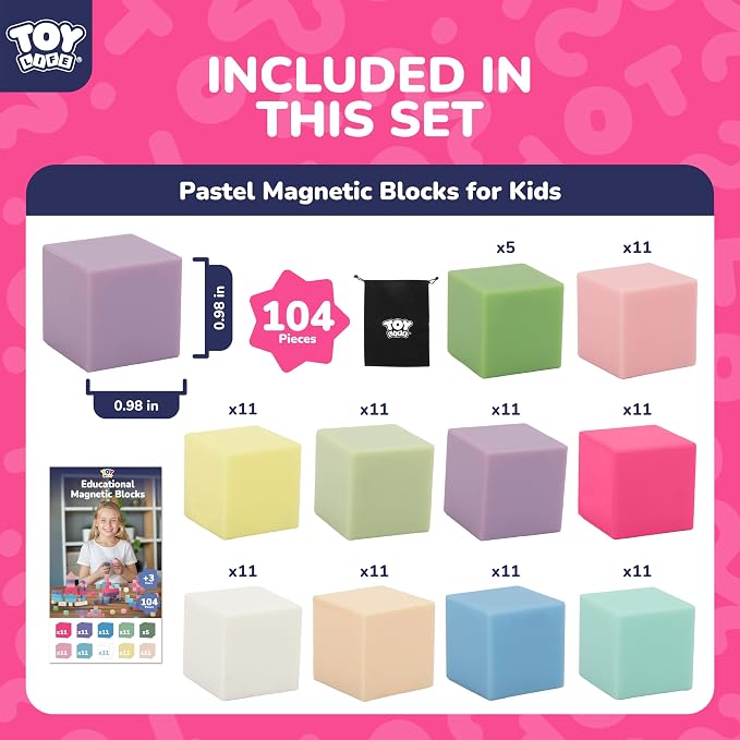 TOY Life Pastel Magnetic Blocks, 104-Piece STEM Set, Ages 3-8 | 10 soft colors, smooth ABS cubes, open-ended construction, group play, birthday gift