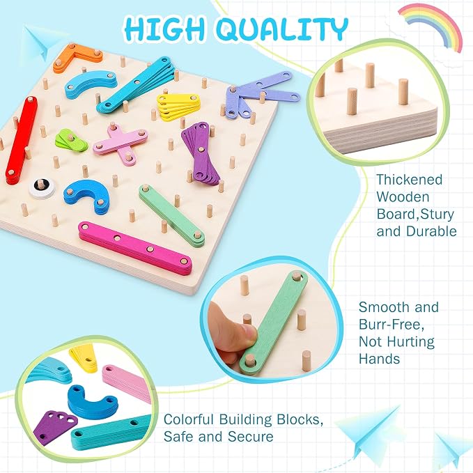 EZVYAO Wooden Montessori Toy for Toddlers, Letter Number Construction Set Pegboard Puzzle Stacking Blocks, Preschool Learning ABC Shape Educational Toys for Kids Boys Girls
