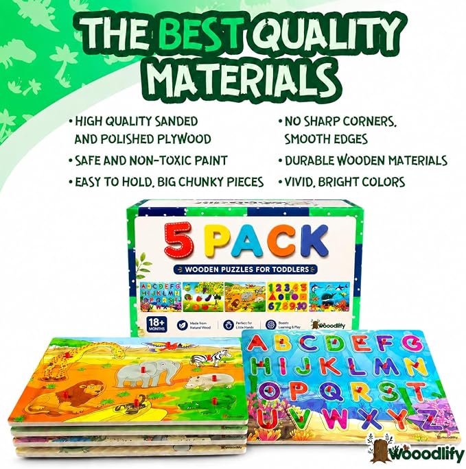 5 Pack Wooden Peg Puzzles for Toddlers 1-3 - Toddler Puzzles with Alphabet Numbers & Animals — Baby Wood Puzzle Gift - Puzzles for Toddlers 2-4 - Puzzles for Kids Ages 3-5 Learning Toys Boys and Girls