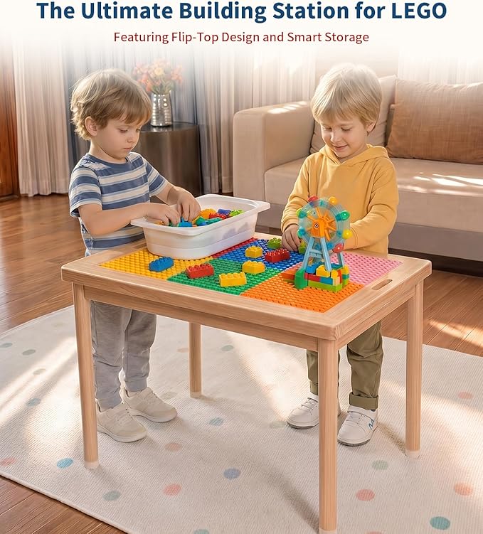 28" Kids Activity Table, Compatible with Lego & Duplo Bricks Play Desk | 4 Foldable Storage Bins, Premium Solid Pine Wood, Reversible Tabletop for Multi-Child STEM Learning & Crafts