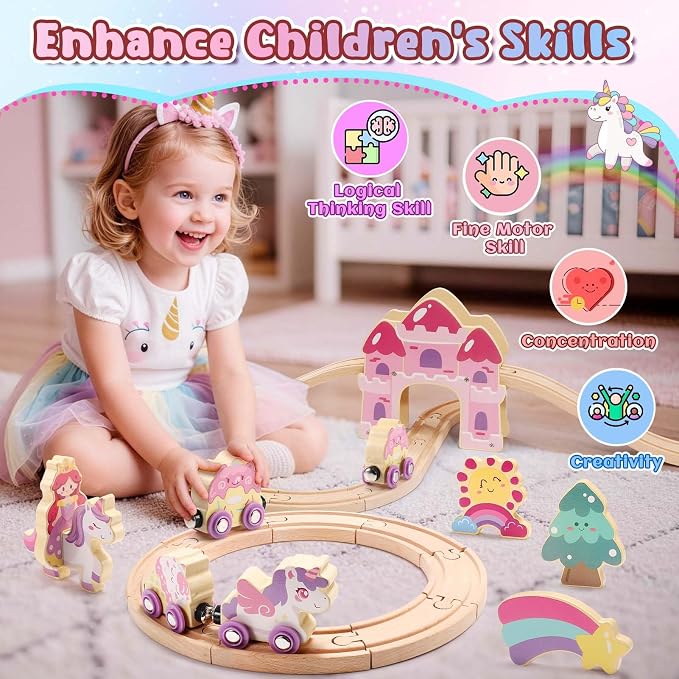 Unicorn Wooden Train Set for Girl 3-5, Birthday Gifts Toys for 2 3 4 5 6 Year Old Toddler Girls, Learning Gift Toy for Toddlers Kids Age 2-4, 32PCS Princess Castle Train Track Sets with Storage Box