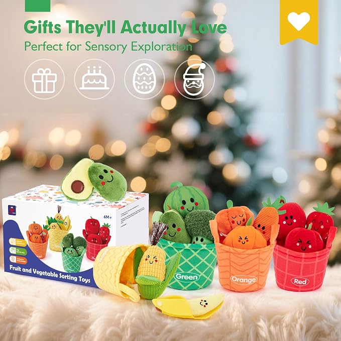 hahaland Baby Sensory Toys Montessori Toys 1 Year Old Fruit Vegetable 16PCs | Color Sorting Play Food with Textures, Crinkle, Rattle, 6-12 Month Baby Toys 1 Year Old Boy Gifts One Year Old Girl Birthday