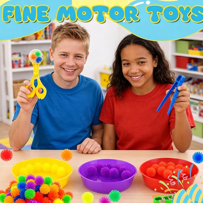 Bbiamsleep 136 Pcs Sensory Bin Filler Fine Motor Skills Sensory Bin Items | Light Box Manipulatives Include Colorful Hedge Balls Tweezers Scissors Clips Sorting Bowls for Counting Sorting Training