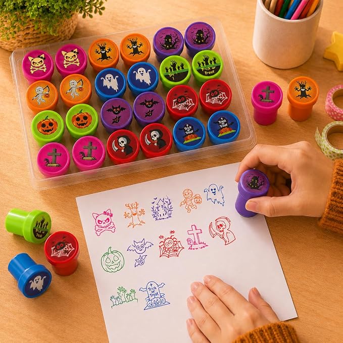 Cinrobiye 24 Pcs Halloween Stampers Party Favor Set, Cute Trick or Treat Stamps for Kids Halloween Party, Classroom Rewards, Halloween Goody Bag Fillers, Spooky Party Supplies