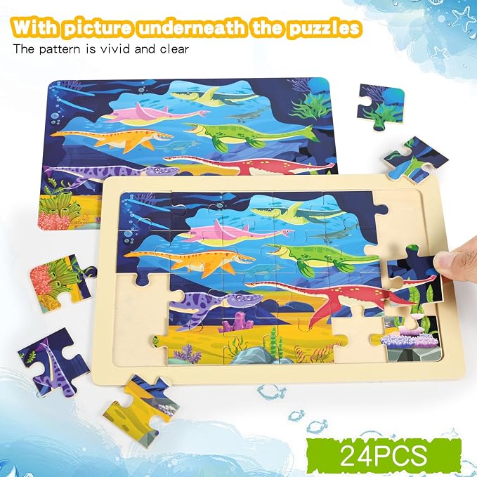 Wooden Puzzles Dinosaur Toys for Kids Ages 3-5, Set of 4 Packs with 24-Piece Wood Jigsaw Puzzles, Preschool Educational Brain Teaser Boards for Boys and Girls 3 4 5 6 Years Old