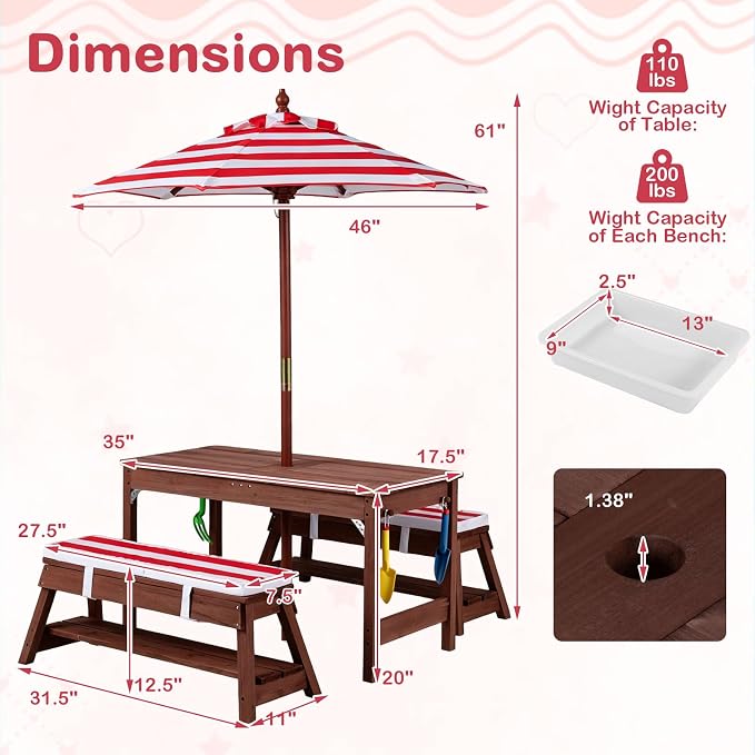 Costzon 4-in-1 Kids Picnic Table with Umbrella, Sand & Water Sensory Bins | Wooden Toddler Outdoor Table with Benches, Cushions, Cover, Gardening Tools, Kids Outdoor Furniture for Patio Backyard