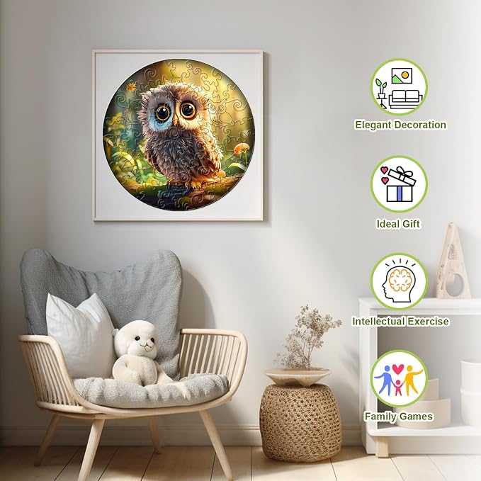 Wooden Puzzles for Kids Ages 6-8 - 50 Pieces Cute Owl Puzzle - Unique Animal Shaped Puzzles Ages 5-8 - Birthday Gift for Kids(11.4x11.4in)‌