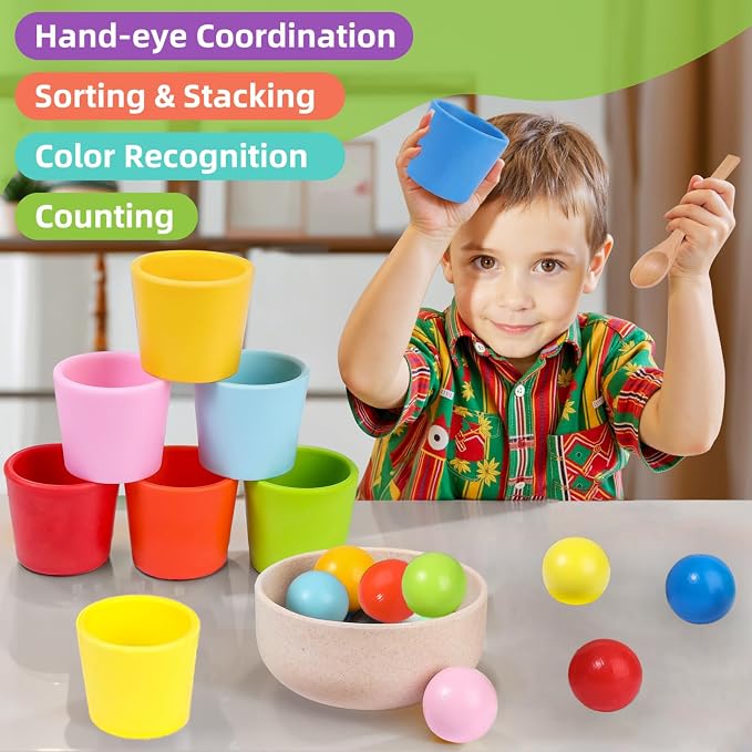 Rainbow Balls in Cups Toddler Montessori Toys (8 Balls, 1.4 in) | Color Sorting Toys for Toddlers for 3 Year Old Up, Learning Color Sorting and Counting, Kids Preschool Wooden Matching Games