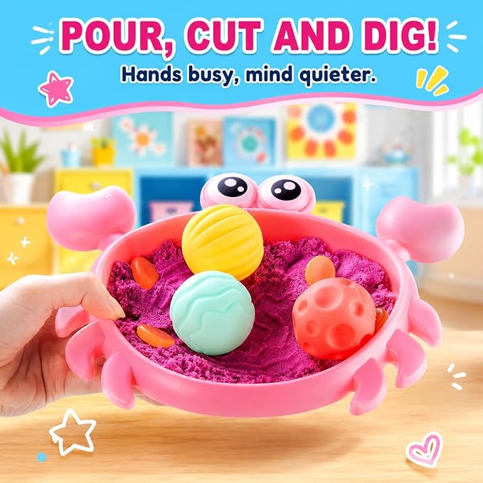 Carolart Mini Crab Sandbox, Sensory Bin with Color Changing Sand | Ocean sensory kit with sensory balls and tools, ocean sensory play toy, gift for boys girls ages 3-8