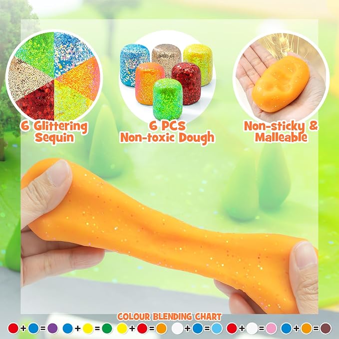 SIMPLIPLAY Construction Sensory Kit with 6 PCS 18oz Glitter Doughs | Color Dough Set & Accessories(About 80pcs), Construction Boy Sensory Kit with Toy Trucks for Kids Toddlers Creative Gift