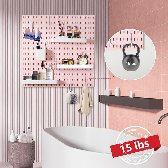 VUSIGN Pegboard Combination Wall Organizer Kit 22" x 22", Pink | 4 Pieces Pegboards and 17 Accessories, Wall Mount Display Peg board Panel Kits for Bedroom, Home, Office, Bathroom