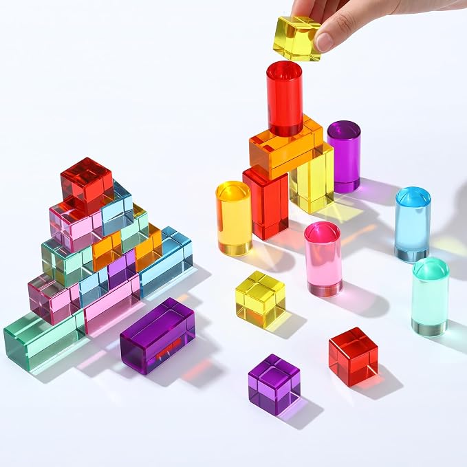 27 Pcs Acrylic Wooden Gem Blocks Sparkling Translucent Cubes Stacking Toys Wooden Cubes Blocks with Colorful Acrylic Open Ended Play Montessori Educational Toys (Square)