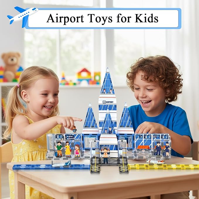 AFUNX Airport Magnetic Tiles Building Set for Kids Ages 3+ | Strong Magnets, Compatible with Major Magnetic Tile Brands,Pretend Play, Creative Building,Gift Ready