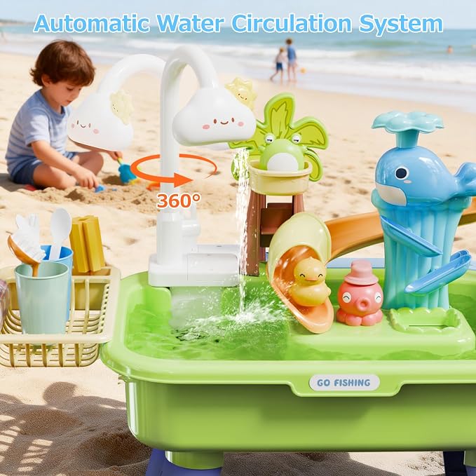 Water Table for Toddlers 1-3 with Pump, Spring-Green | 22Pcs Toy Accessories, 4L Basin, Fishing & Kitchen Sink. Outdoor Sensory Toy for Toddlers 1.5-3