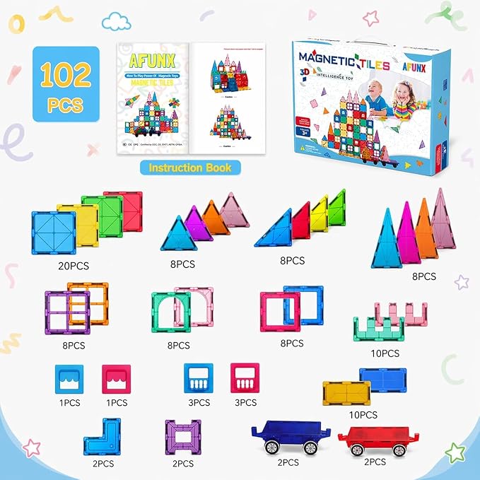 AFUNX 102PCS Magnetic Tiles for Kids,Strong Magnets,3D Clear STEM Toys | Endless Building Possibilities,Discover Magic of Magnets Through Play,Safe ABS and Smooth Edges,with Magical Light and Shadow