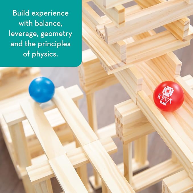 MindWare KEVA Contraptions, Wooden Blocks Building Set, Marble Run Kit, Includes 2 Balls - 200 Planks | Build and rebuild endless designs with 200 wooden planks. Includes 2 balls and 1 idea book with project photos.