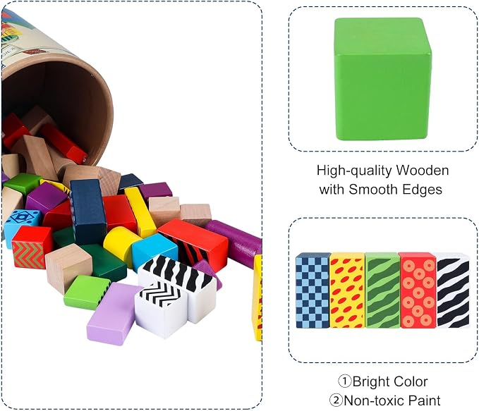 Offelec 50 Pcs Wooden Building Blocks Set with Storage Bucket, Montessori Stacking Blocks & Shape Sorting Toys for Toddlers, Preschool Learning Toys for Boys & Girls, Kids Brightly Colored Blocks