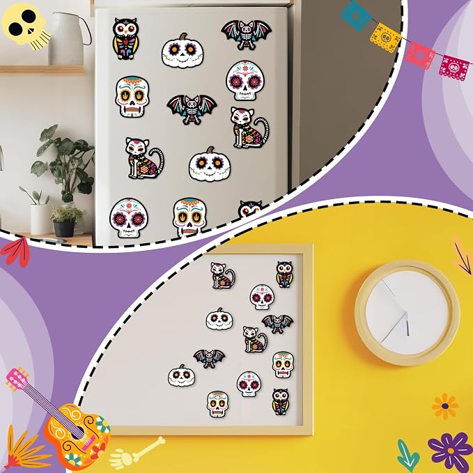 Haooryx Day of The Dead Sugar Skull DIY Magnet Stickers Paper Craft Kit | 30 Set Make Your Own Dia de Los Muertos Art Craft, Halloween Mexican Festival Party Gift, Bulletin Board Refrigerator Decor