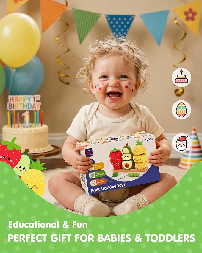 hahaland Montessori Toys for 1 Year Old Girl Boy, Stacking Rings Baby Toy | Soft Sorting & Stacking Toy Fruits with Wooden Stacker, Threading Set for Toddlers 1-3 Developmental 1st Birthday Girl Gifts