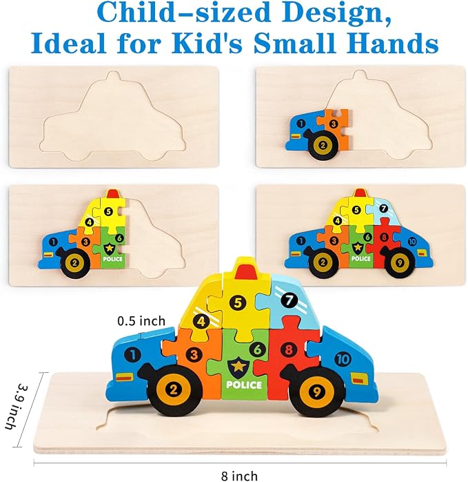 6 Pack Wooden Puzzles for Toddlers Ages 3-5, Montessori Vehicle Puzzle Toys | 60 Pieces, with Numbers 1-10, CPC certified, Educational Learning Toy, Birthday Gift for 3 4 5 Year Old Boys & Girls