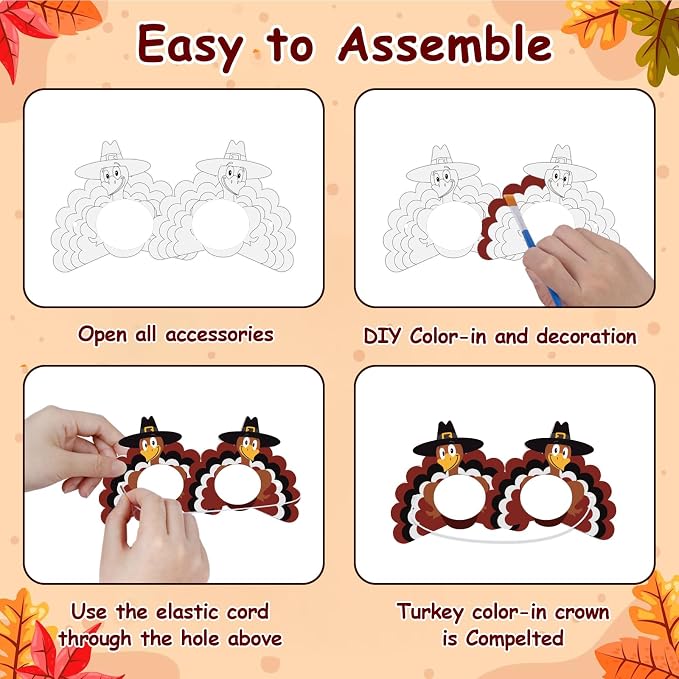 24 Pcs Thanksgiving Turkey Craft for Kids DIY Coloring Turkey Mask | Color Your Own Art and Crafts for Kids Birthday Cosplay Classroom Activities Masquerade Dress-Up Party Favors Game Supply