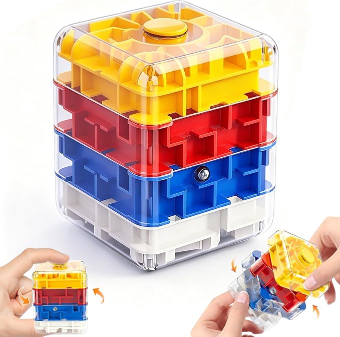 2-in-1 Fidget Spinner Maze Cube 3D Puzzle Brain Teaser 4 Level | Handheld Fidget Spinner Toy 3D Puzzle Cube Brain Teaser Game Stress Relief Anxiety Sensory Toy Travel Car Game Kids Adults