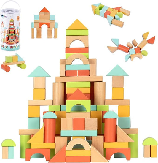 FCSONU Wooden Building Blocks for Toddlers 1-3, 100Pcs Kids Wood Blocks Set | Wooden Blocks for Toddlers 3-5, Montessori Building Toys&Stacking Toys, Easter Christmas 1st Birthday Gifts for Boy Girl Baby