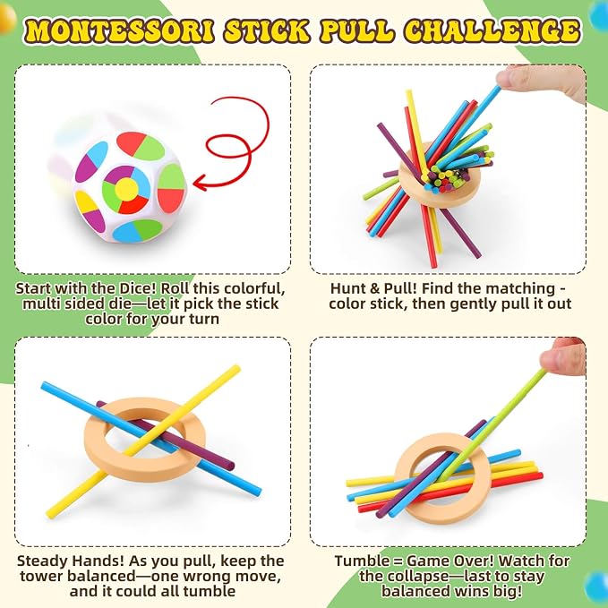 Montessori Wooden Board Games for Kids 3-8 Years, Educational Toys | Fine Motor Skills Toys for 5 Year Old, 40 Colorful Wooden Sticks, 12-Sided Dice, Math Toys, Family Games for Kids and Adults